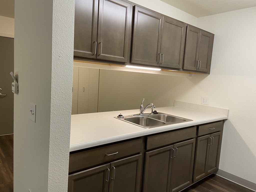 an empty kitchen with a sink and cabinets